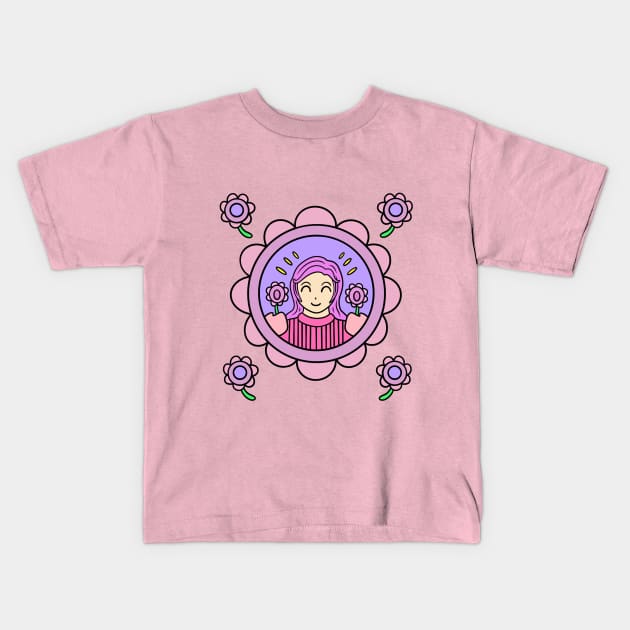 Cute girl with flowers Kids T-Shirt by Andrew Hau